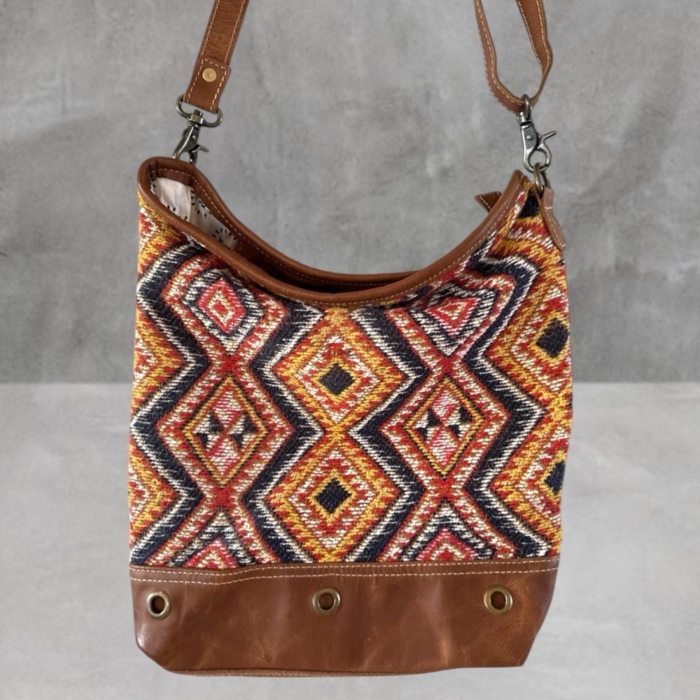 Myra Bag Multicolor Woven Crossbody with Brown Leather Trim